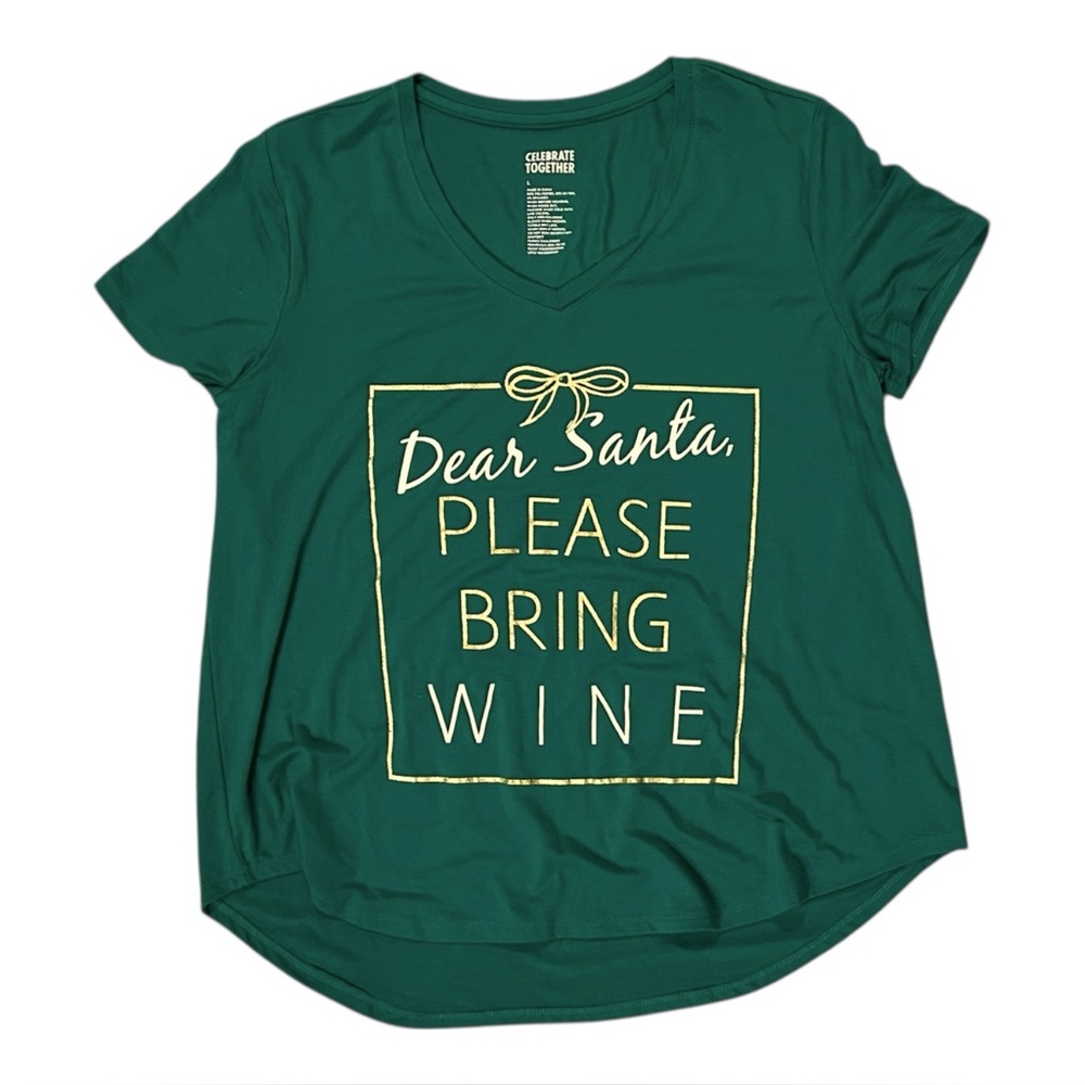 Women’s Green V-neck Tee Shirt "Dear Santa Please Bring Wine"  Large Christmas